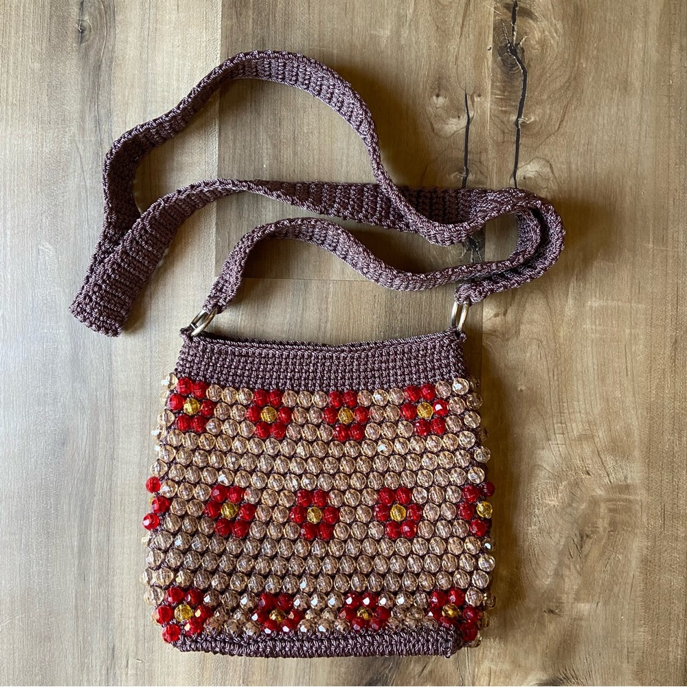 Y2K crochet beaded floral pattern crossbody bag